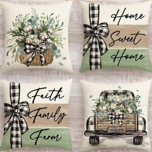 Farmhouse Decorative Throw Pillow Covers Spring Decor Green Floral Accent Cases